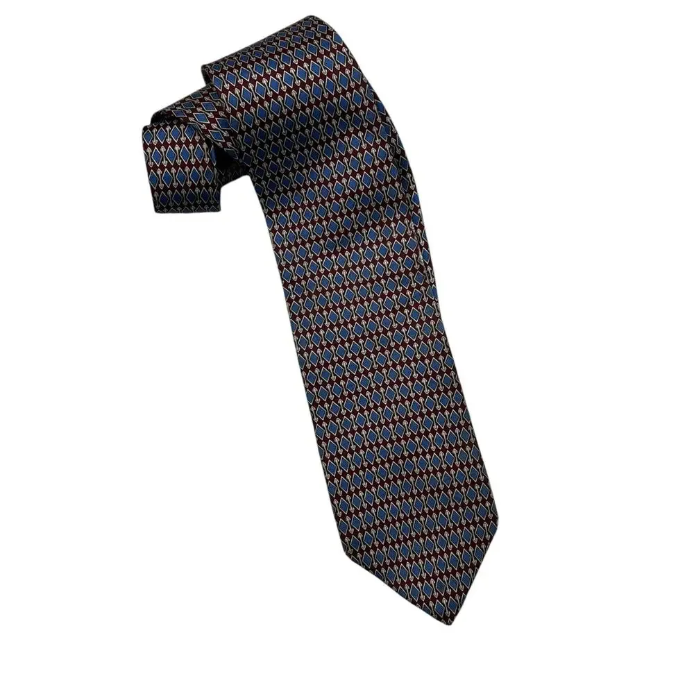 Brooks Brothers Makers Silk Neck Tie Geometric Diamond FLAW Burgundy Blue 3.5x52